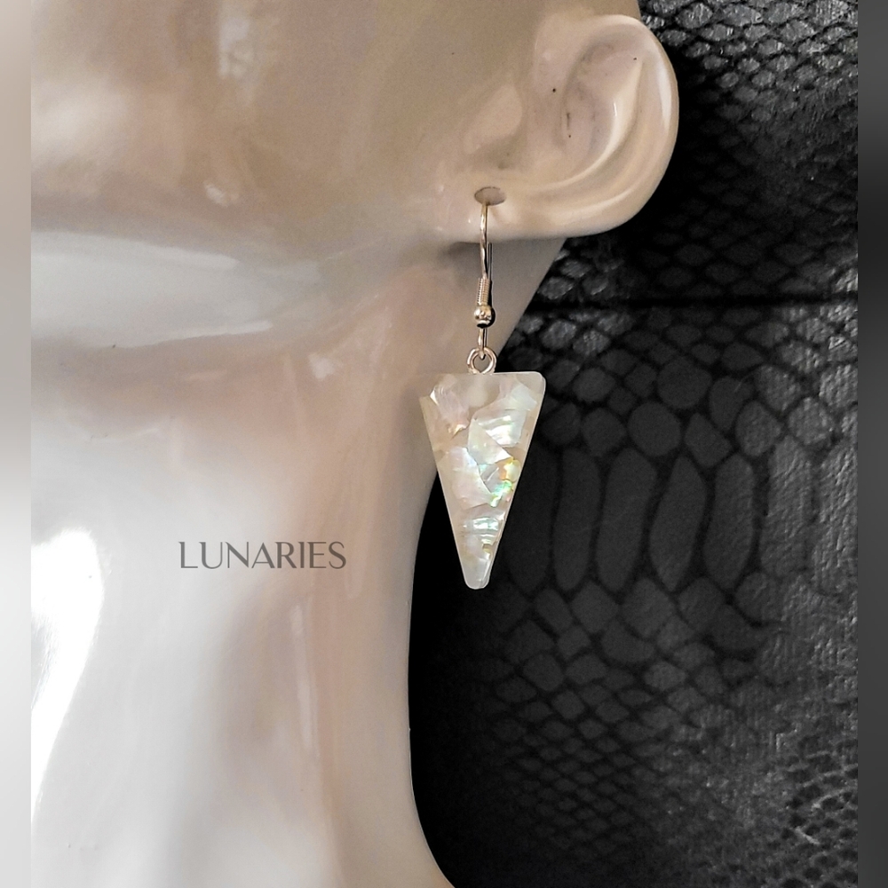 Mother Of Pearl Resin Earrings, Iridescent Triangles, Hypoallergenic - Picture 6 of 12